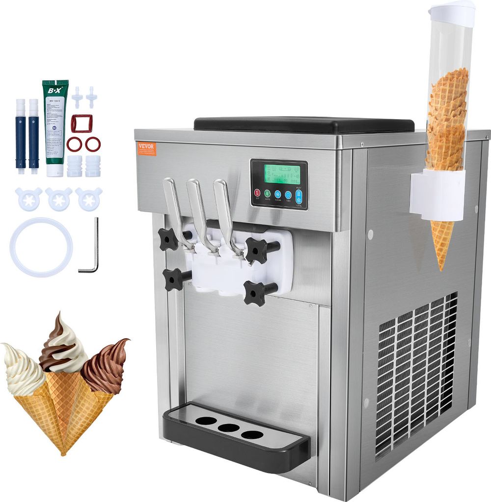 VEVOR Kommerzielle Eismaschine, 1800 W, 3-Geschmacksrichtungen, Softeismaschine Arbeitsplatte, 2 x 4 L Trichter, 2 x 1,8 L Zylinder, LCD-Bildschirm...