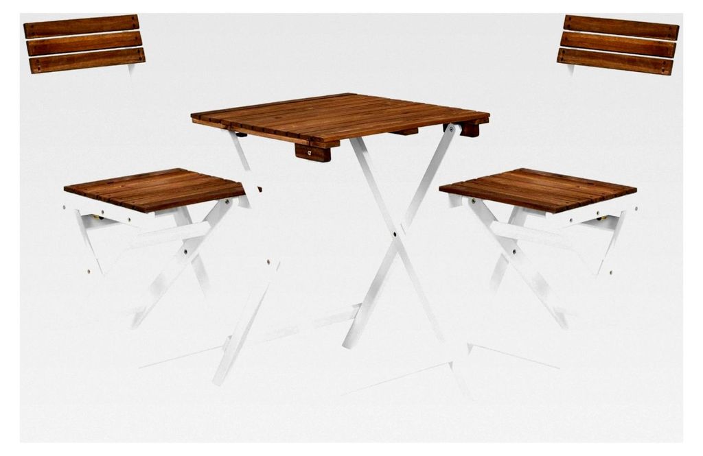 Gartenmöbel Set für 2 Personen (Zwei Klappstühle und Tisch) - Möbelset aus Holz in Natur und Weiß für Innen und Außen, wetterfest für Balko...