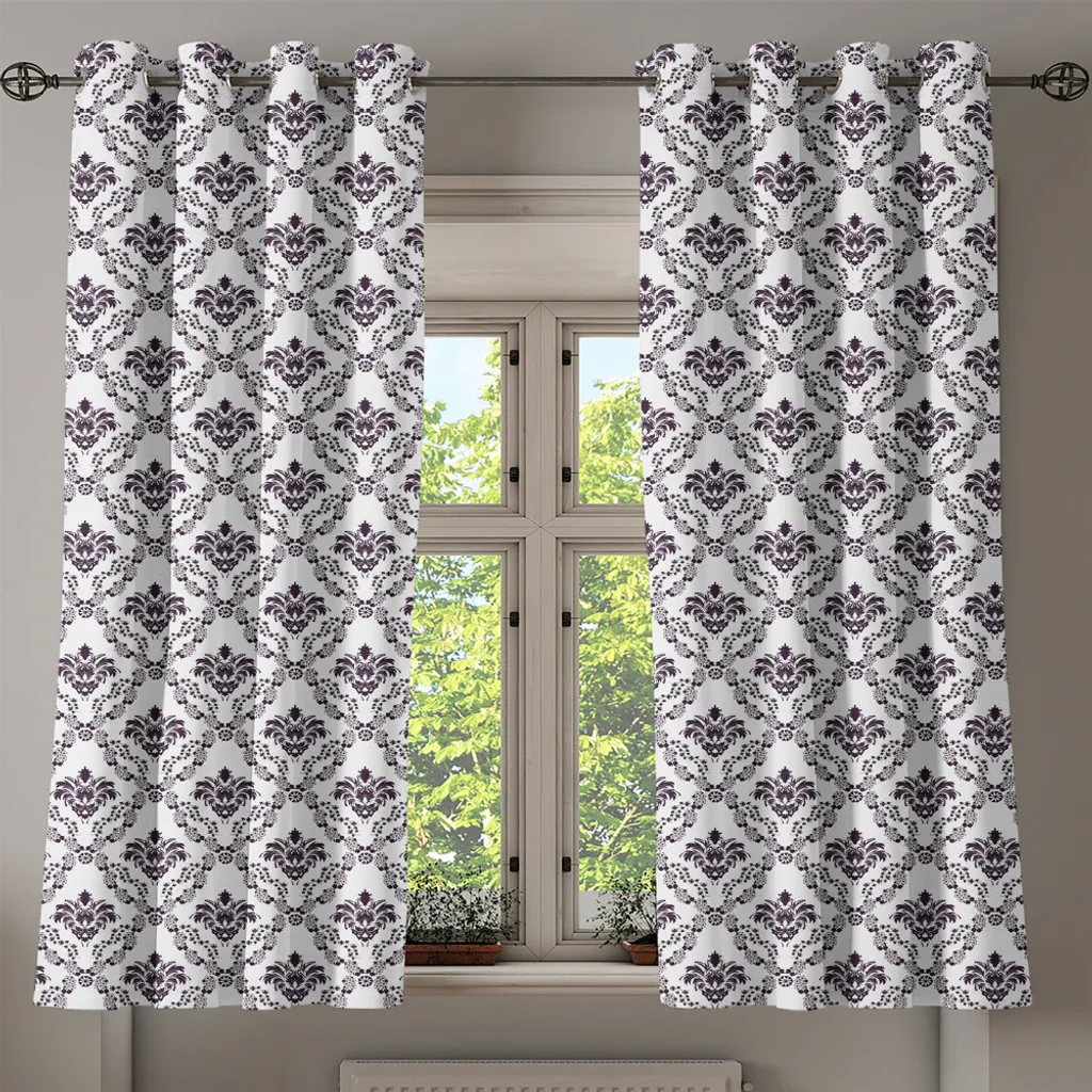 Rideau Damas complexe marron blanc en microfibre avec 2 panneaux - 2