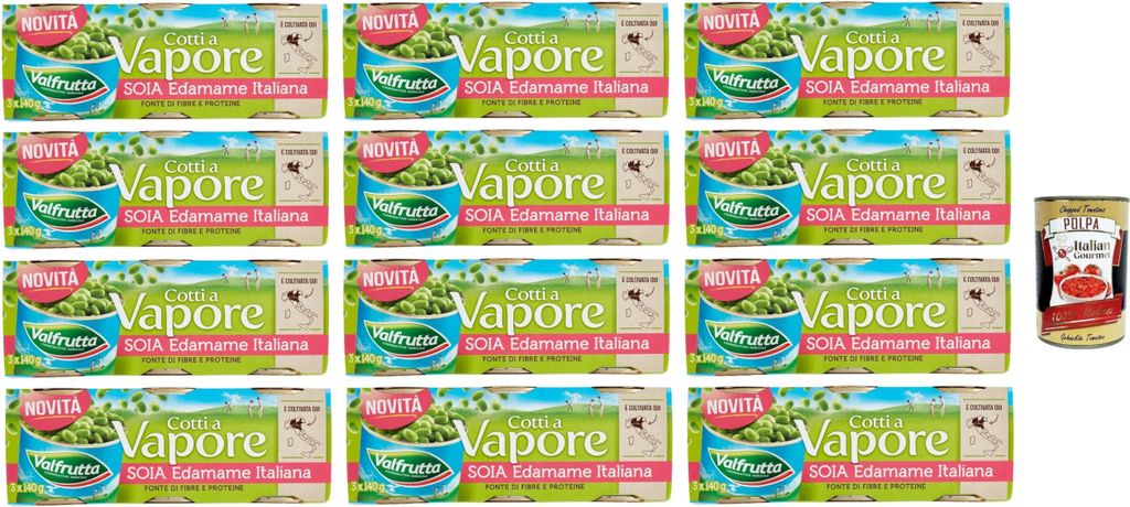 Valfrutta Cotti a Vapore Soia Edamame Italiana gedämpfte italienische Edamame-Soja 12 Packungen 3x140gr+ Italian Gourmet polpa 400g