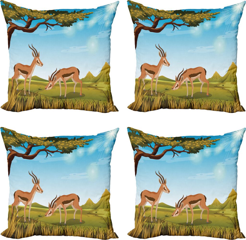 ABAKUHAUS Antilope Kissenbezug Set (4 Stück), Tier-Natur-Szene, Moderner Doppelseitiger Digitaldruck, 45 cm x 45 cm, Mehrfarbig