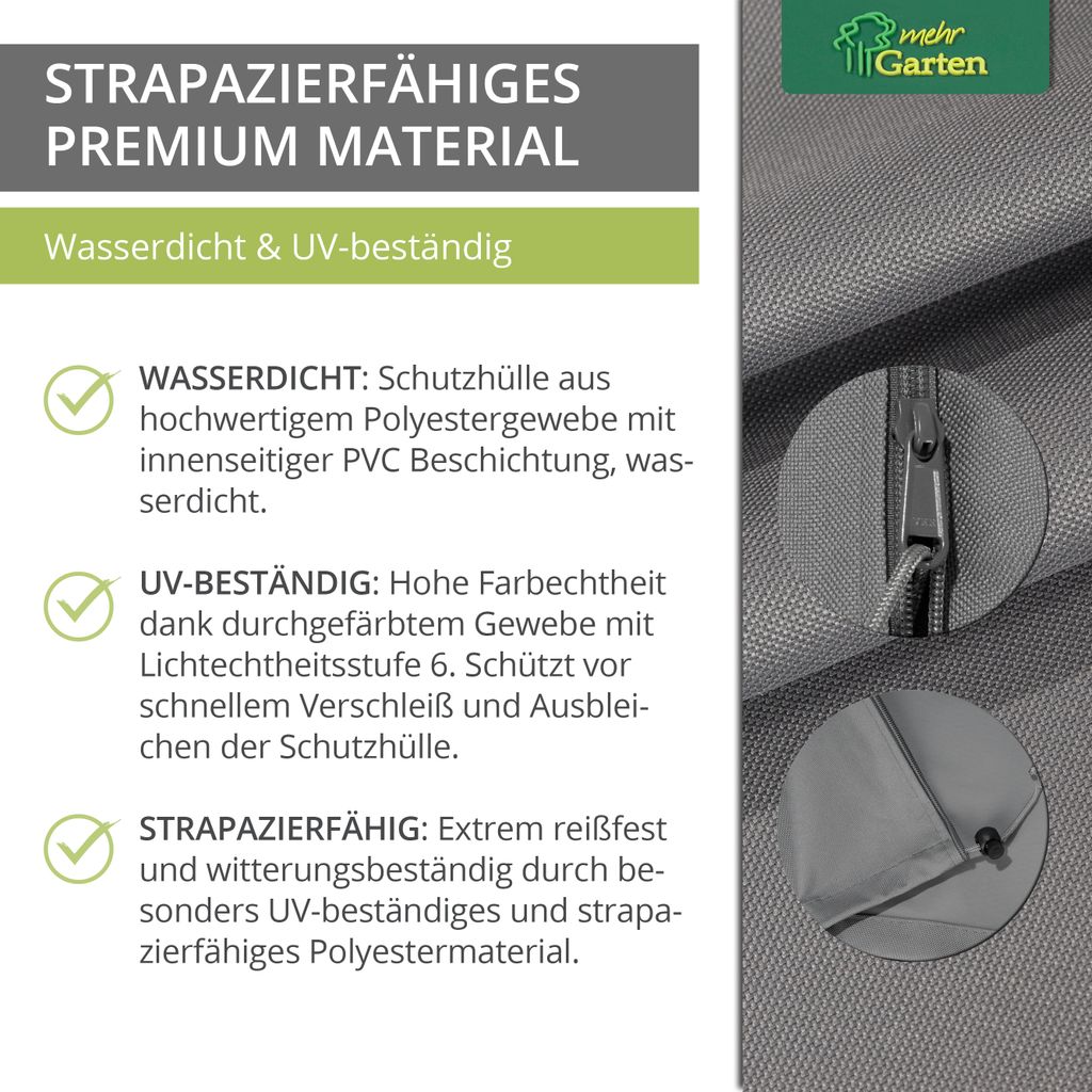 Premium Schutzhülle für Ampelschirm Gestell gebogen, Größe:265 cm x 40 / 70 / 50 cm für Schirme rund bis Ø 350 cm eckig bis 300 x 300 cm