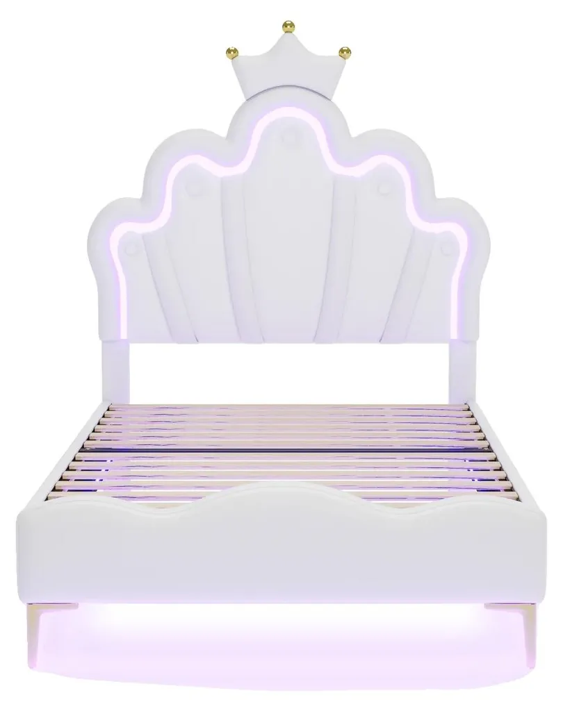 Lit simple design 90x200 cm en simili blanc avec cadre de lit à LED RGB