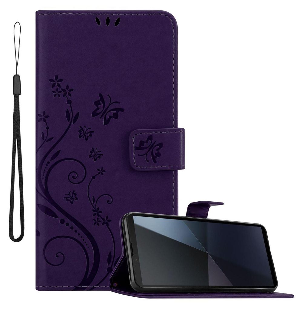 Cadorabo Hülle für Sony Xperia 10 VI Hülle in FLORAL DUNKEL LILA Schutzhülle im Blumen Design mit Magnetverschluss, Standfunktion und Kartenfä...