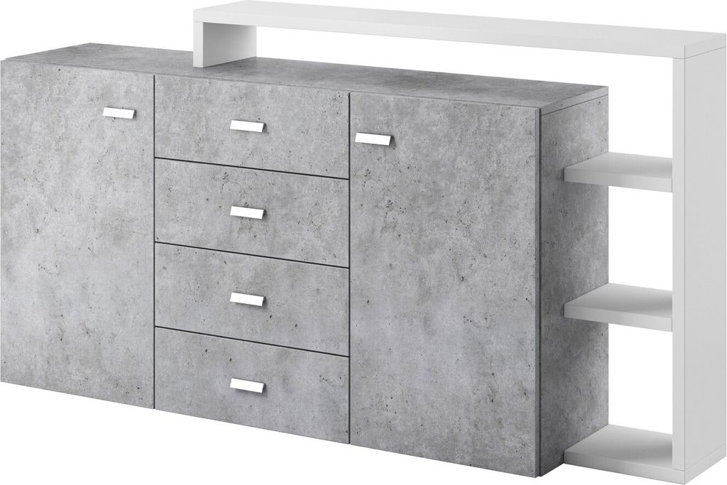 Furniture24 Kommode BOTA 27 Sideboard mit Aufsatz 2 Türen 4 Schubladen Beton Colorado/Weiß