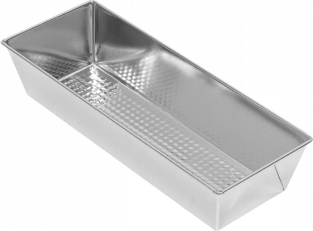 A silver-colored metal loaf pan with a textured interior.