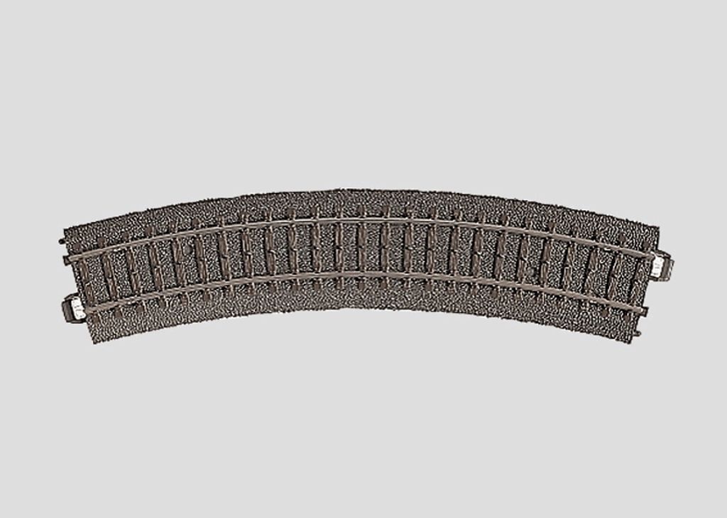 A single piece of curved model train track is shown against a plain background.