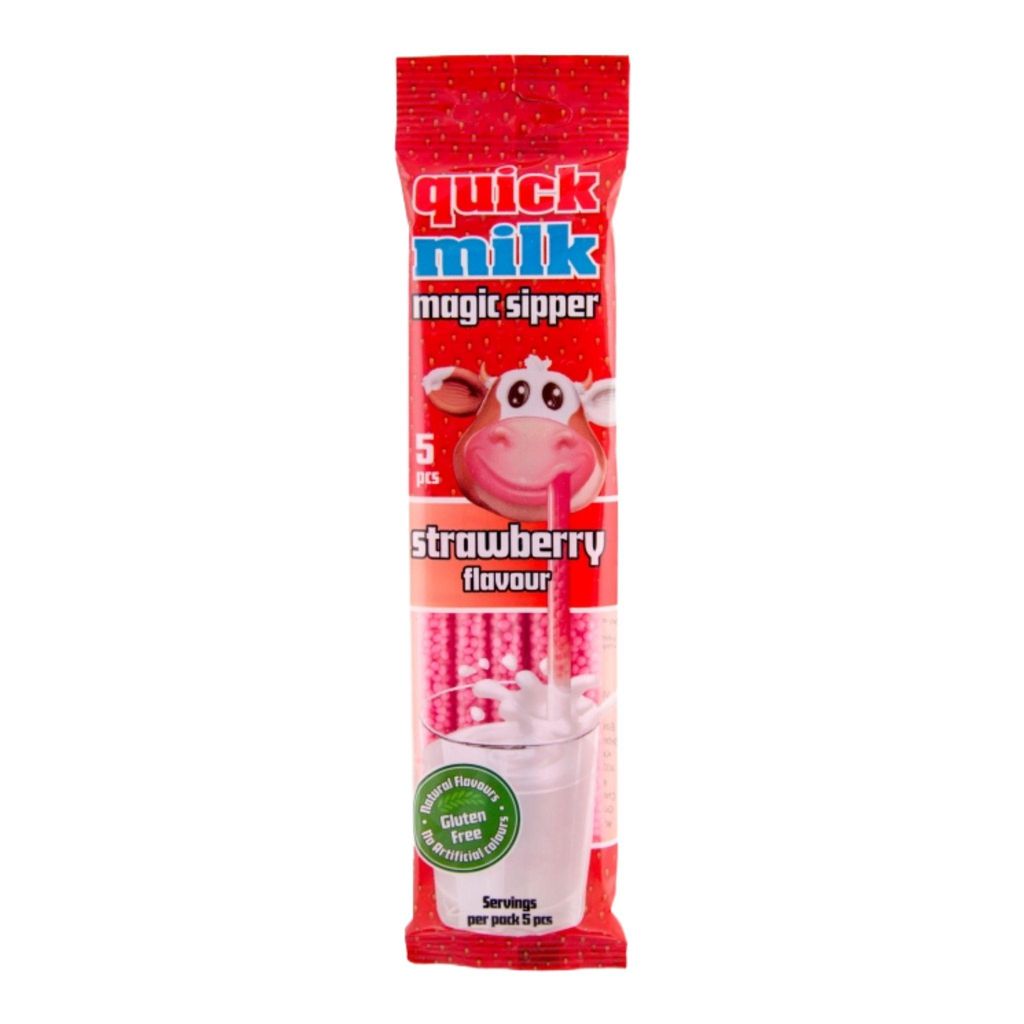 A single product package of Quick Milk Magic Sipper, strawberry flavor, against a white background.