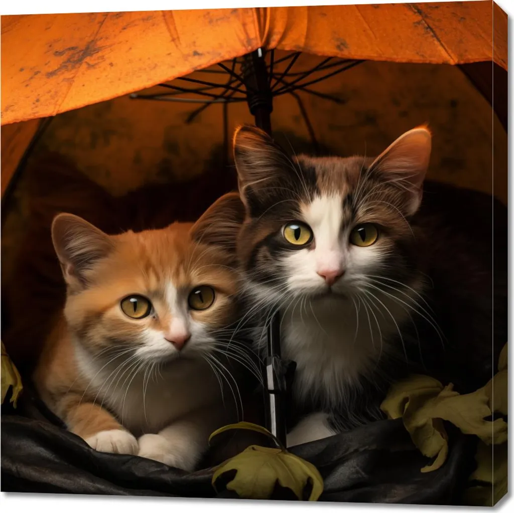 Quadro 90x90 cm Le Avventure dell'Ombrello Felino - Stampa su Tela Moderna