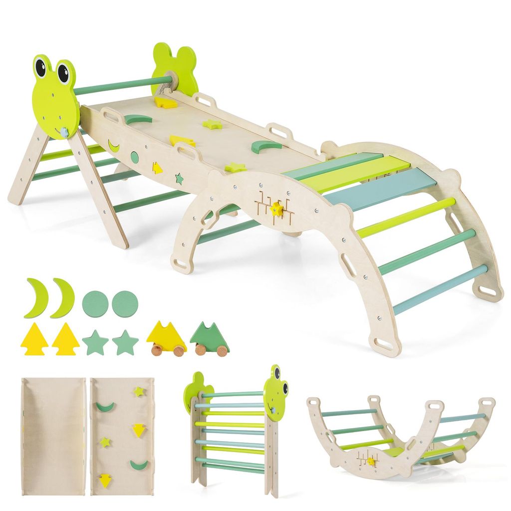 COSTWAY Klettergerüst Indoor 3er Set, klappabres Kletterdreieck mit Rutsche, Kletterbogen, doppelseitige Rampe, Baustein Set&2 Autos, für Kinder 1+