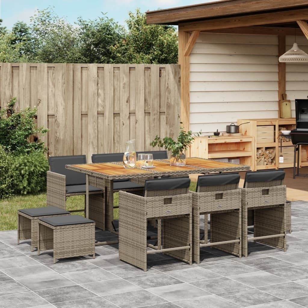 Maison Exclusive - 11-tlg. Garten-Essgruppe mit Kissen Grau Poly Rattan
