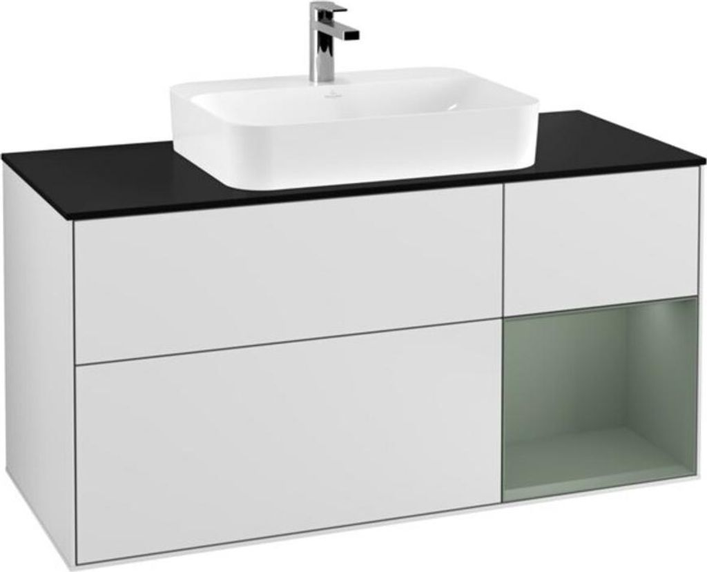 V&B Waschtischunterschrank Wandbeleuchtung Finion 120cm, Pl b m, Reg re Oli. m, wh. m Lac