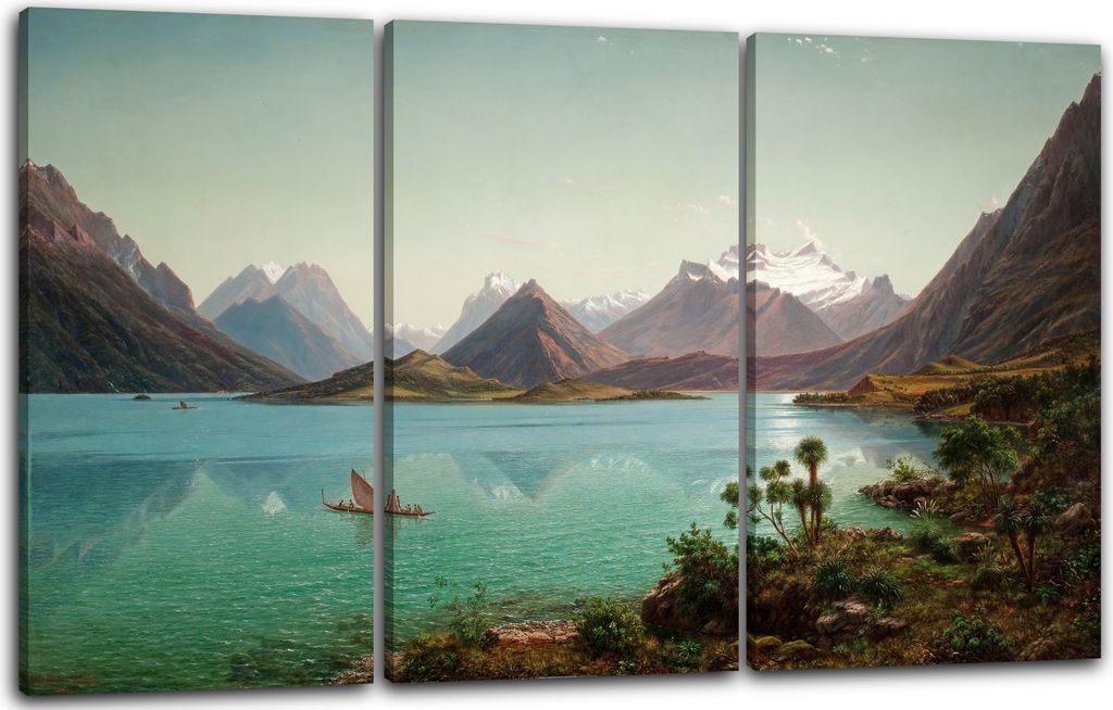 Leinwandbild 3-teilig (120x80cm): Eugene von Guérard - See Wakatipu mit Berg Earnslaw, Middle Island (Neuseeland), echter Holz-Keilrahmen inkl. Au...