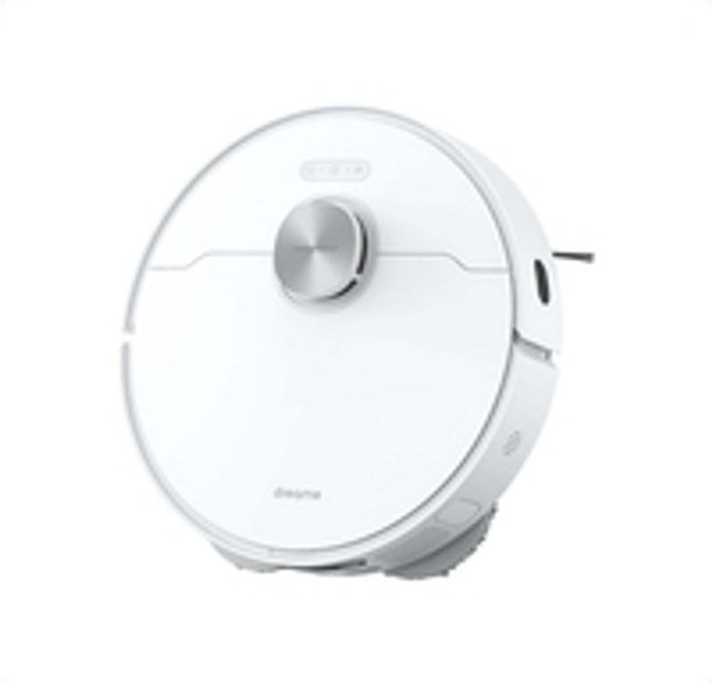 A white robot vacuum cleaner is shown from a slight diagonal angle.