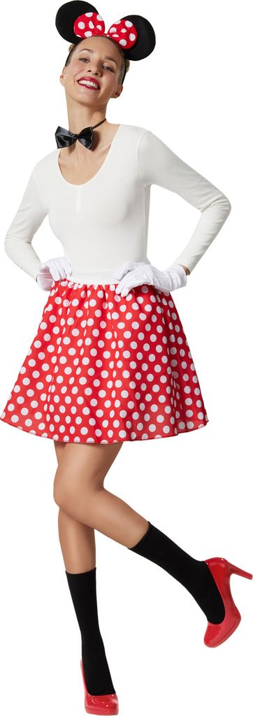 A woman wearing a Minnie Mouse costume.
