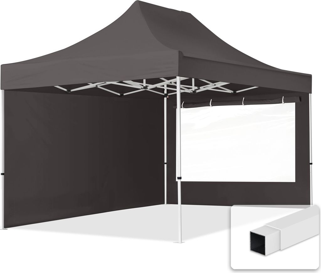 A dark gray pop-up tent with a clear window panel and a close-up of a white pole connector.