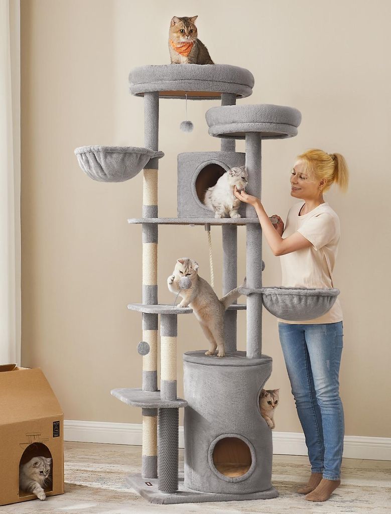 Feandrea Kratzbaum groß, 196 cm, mit Katzenturm, gemütliche Höhlen, Katzenbürste, mehrstöckig