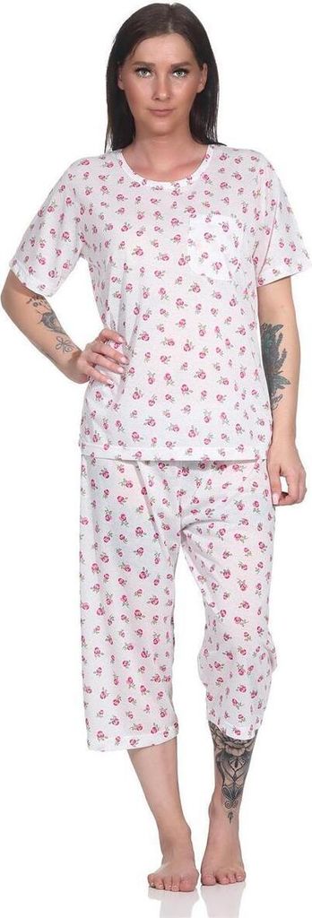 Damen Pyjama 3/4 Hose & Shirt Schlafanzug Hausanzug Sommer; Weiß/L/40