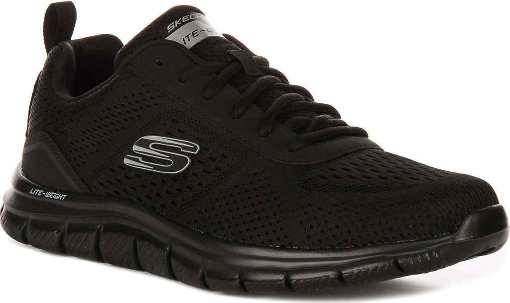 A black Skechers shoe is shown against a white background.