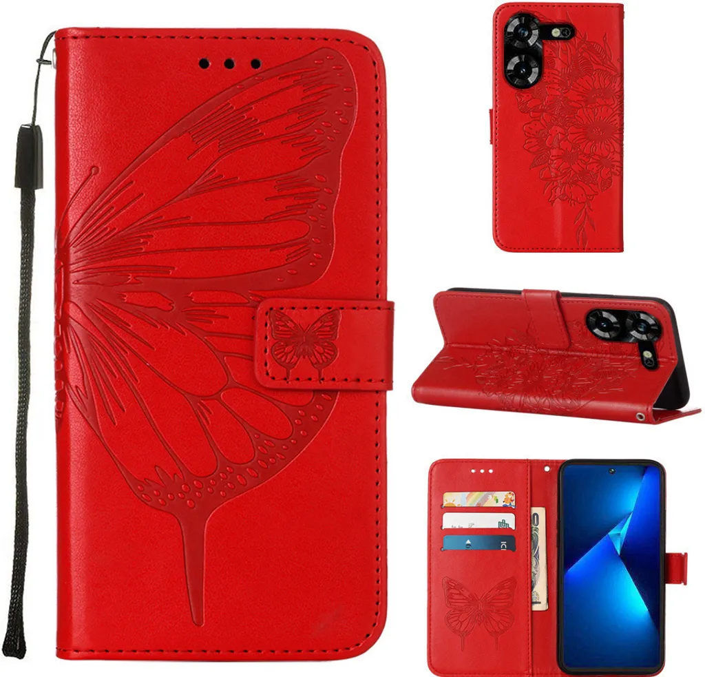 Cover Tecno Pova 5 LH7N Rosso Farfalla: Addio Portafoglio Ingombrante
