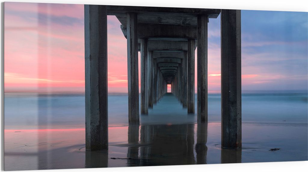 DEQORI Glasbild Echtglas 100x50 cm 'Pier im Abendrot' Wandbild Bild modern Deko