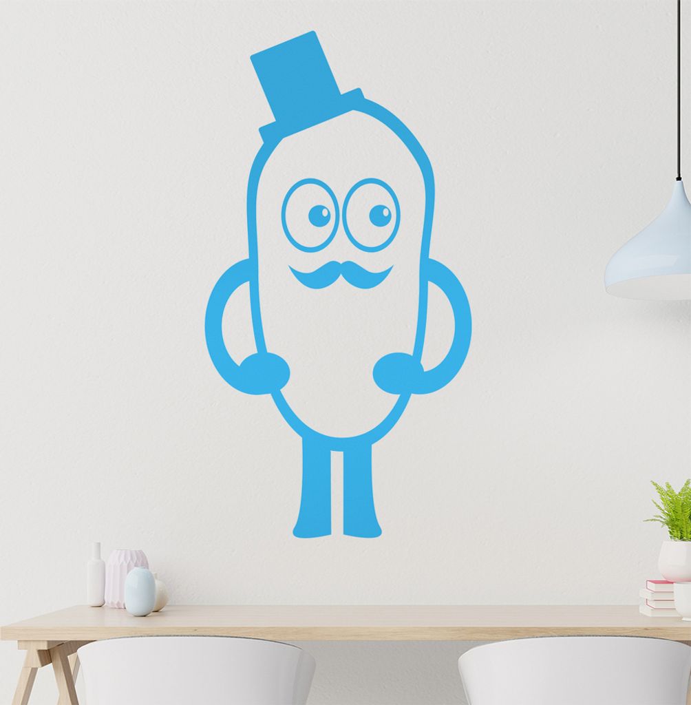 Bohne mit Hut und Schnurbart Wandtattoo in 6 Größen - Wandaufkleber Wall Sticker - Dekoration, Küche, Wohnzimmer, Schlafzimmer, Badezimmer