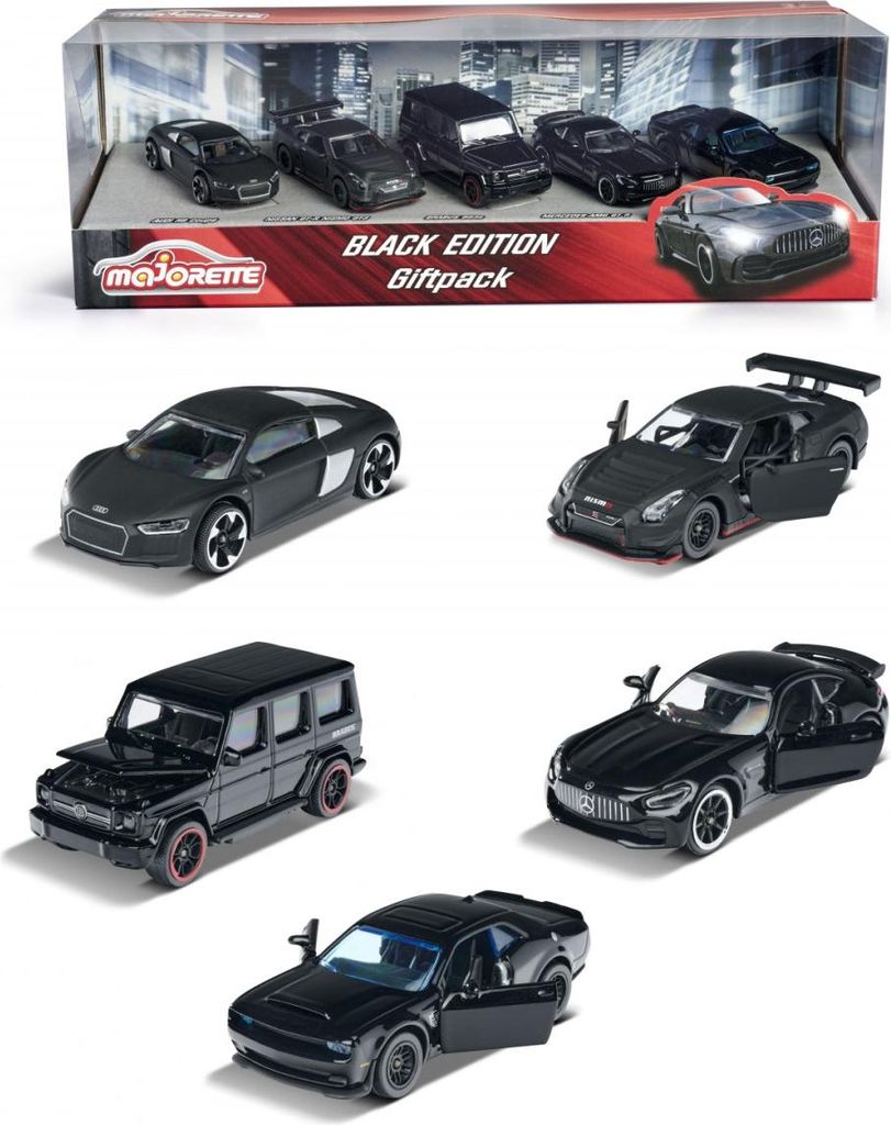 A gift pack of five black toy cars, with the packaging shown at the top.