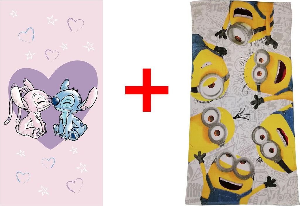 Lilo und Stitch + Minions, Alien, Angel, Stuart, Carl, Dave, Patrick, Badetuch, Strandtuch Handtuch, 70 x 140 cm, 100% Baumwolle - 2er-Geschenkset