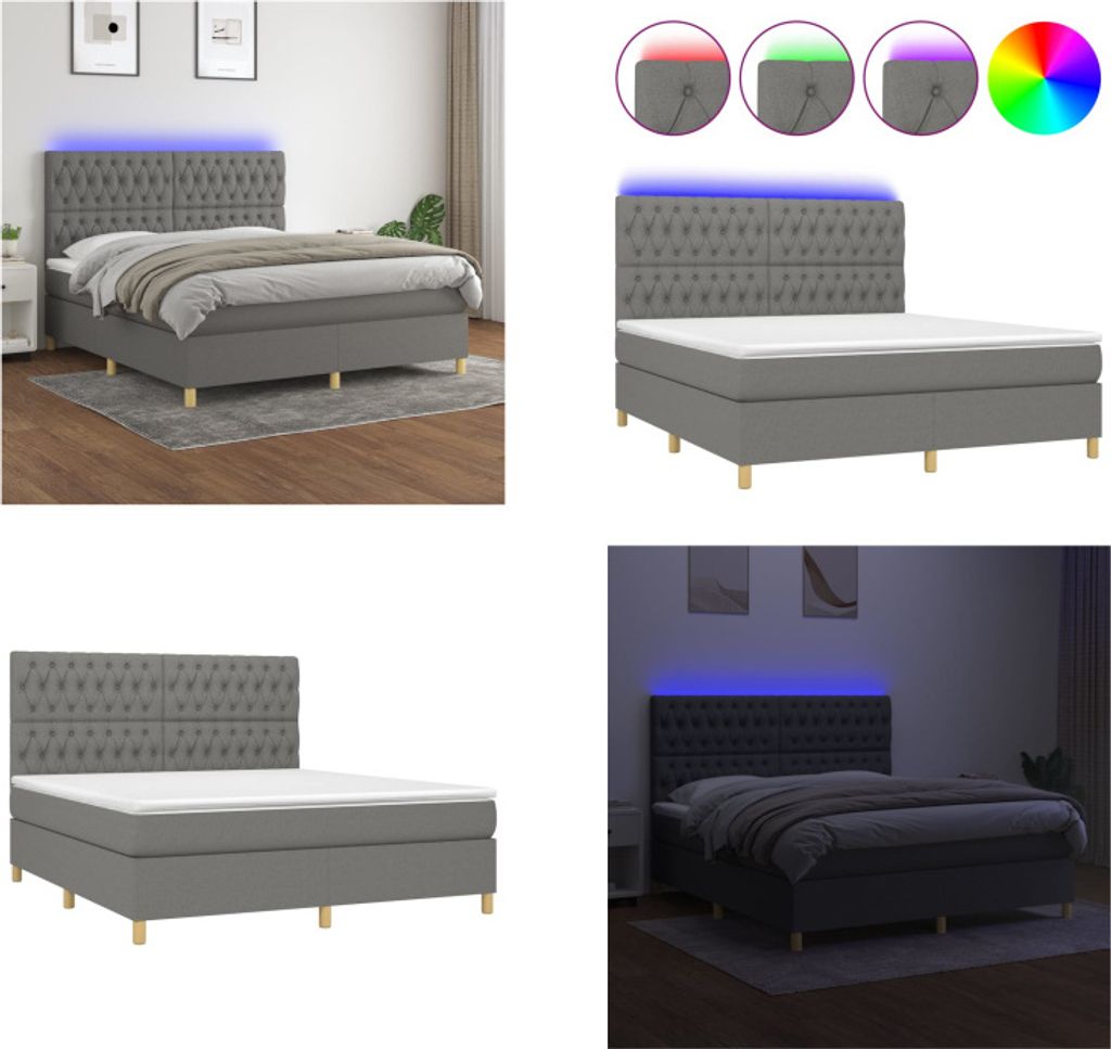 vidaXL Boxspringbett mit Matratze & LED Dunkelgrau 180x200 cm Stoff - Boxspringbett - Boxspringbetten - Bett - Schlafzimmermöbel