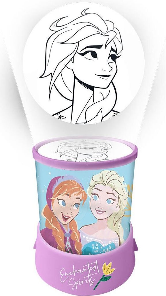 A projector night light with images of Elsa and Anna from Frozen, projecting an image of Elsa.