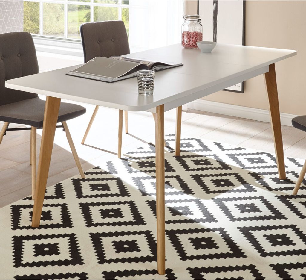 Retro Esstisch ausziehbar 180cm MAINZ-61weiß matt mit Eiche Riviera Nb. B/H/T ca. 140-180x75x80cm