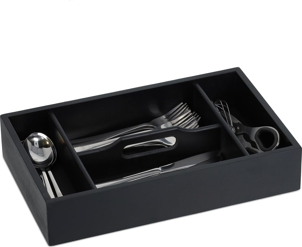 Relaxdays Besteckkasten, 4 Fächer mit Griff, Schubladen Ordnungssystem, HBT: 7 x 37 x 23 cm, Besteck Organizer, schwarz