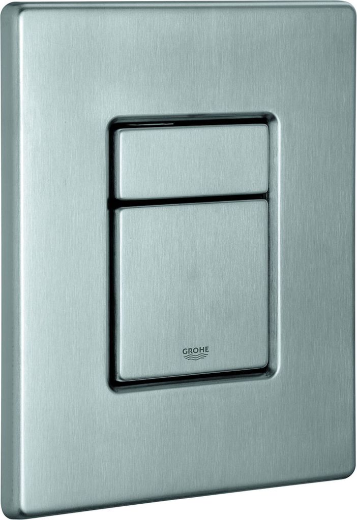 A close-up studio shot of a brushed stainless steel toilet flush plate with dual buttons.