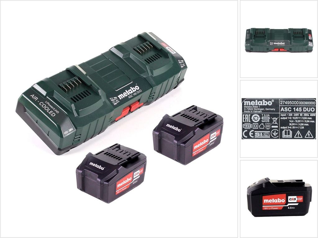 Metabo Basis Set 2x Li-Power Akkupack 18 V 4,0 Ah CAS Li-Ion Akku ( 2x 625591000 ) + Doppelladegerät ASC 145 DUO ( 627495000 )