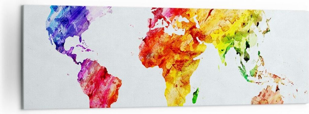 Bild auf Leinwand - Leinwandbild - Welt Karte Bunt Kontinente - 160x50cm - Wand Bild - Wanddeko - Leinwanddruck - Bilder - Kunstdruck - Wanddekorat...