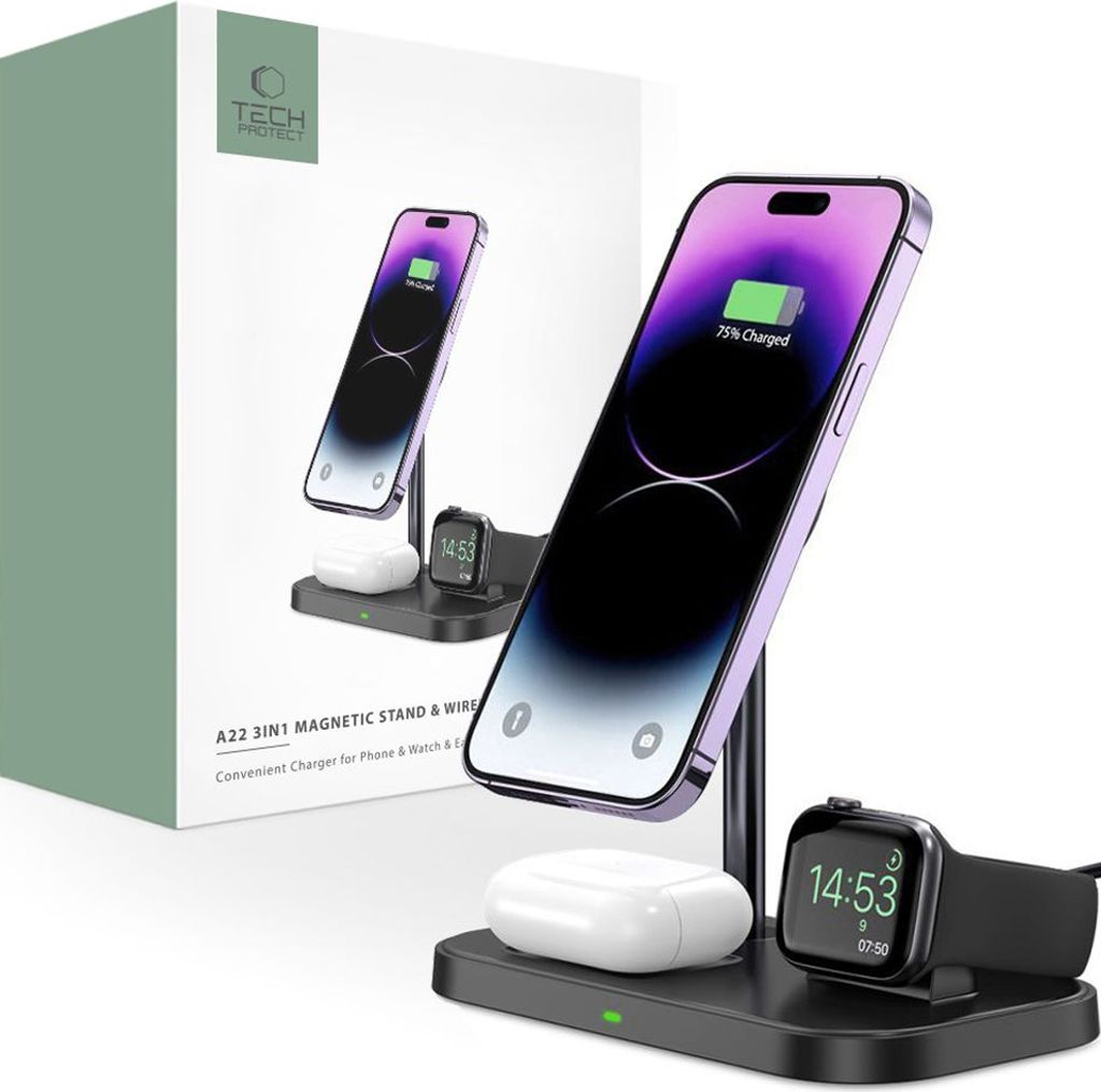 Tech-Protect wireless charger QI15W A22 3in1 Magnetic MagSafe, black