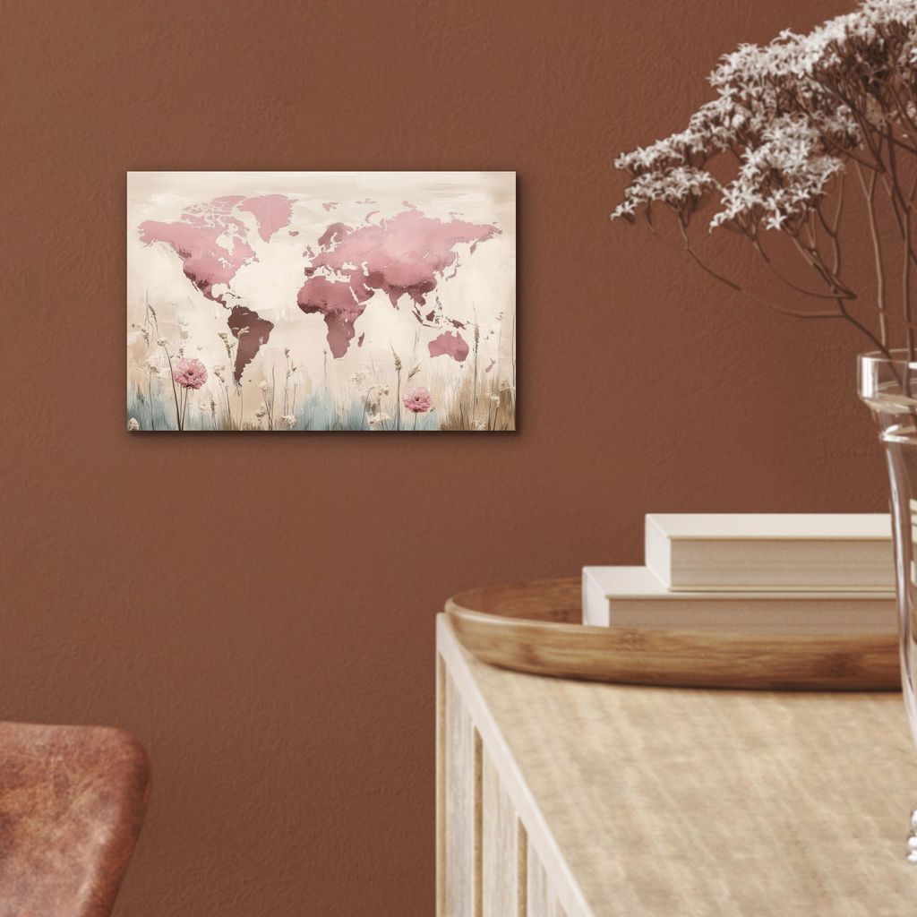 MuchoWow Wanddekoration Metall Metallbild Wandkunst 30x20 cm Weltkarte - Rosa - Blumen MuchoWow Aluminium Gemälde - Aluminiumgemälder