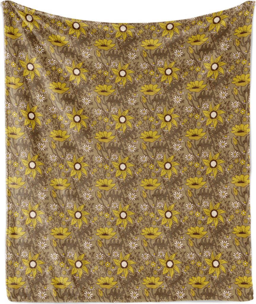 ABAKUHAUS Blumen Weich Flanell Fleece Decke, Computergrafik von Blumen und Zweig Silhouetten, 175 x 230 cm, Tan Dunkelgelb
