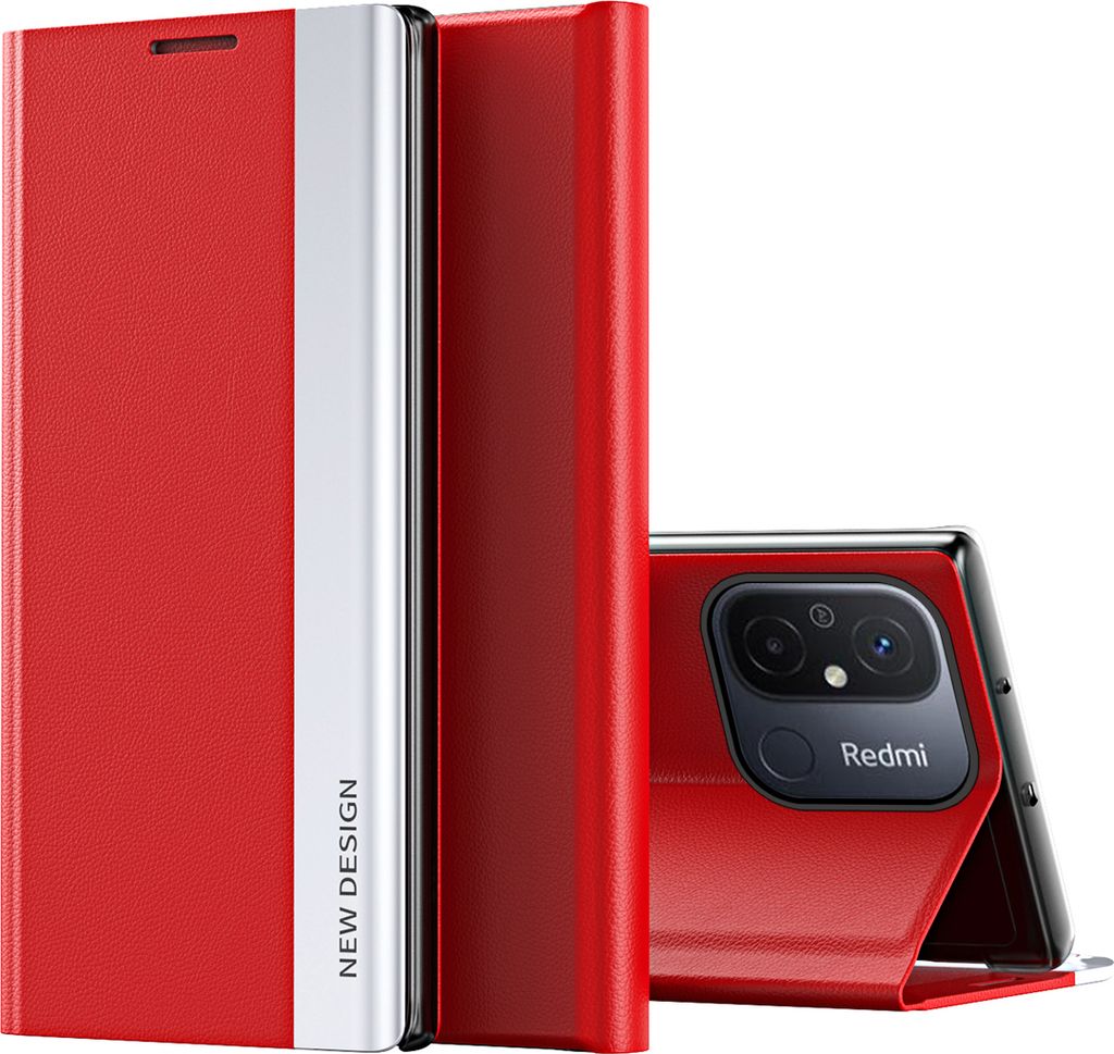 Redmi 12C Hülle, Leder PolyurethanMagnetisch Klapp Stand Schutzhülle für Xiaomi Redmi 12C Rot