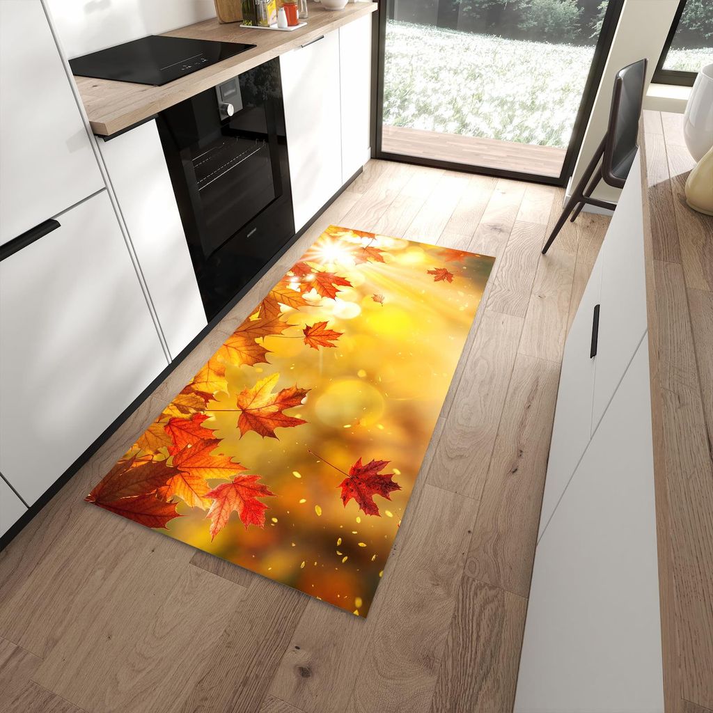 Küchenteppich 90x180cm rutschfest & abwischbar PVC Läufer - Herbstblätter Sonne