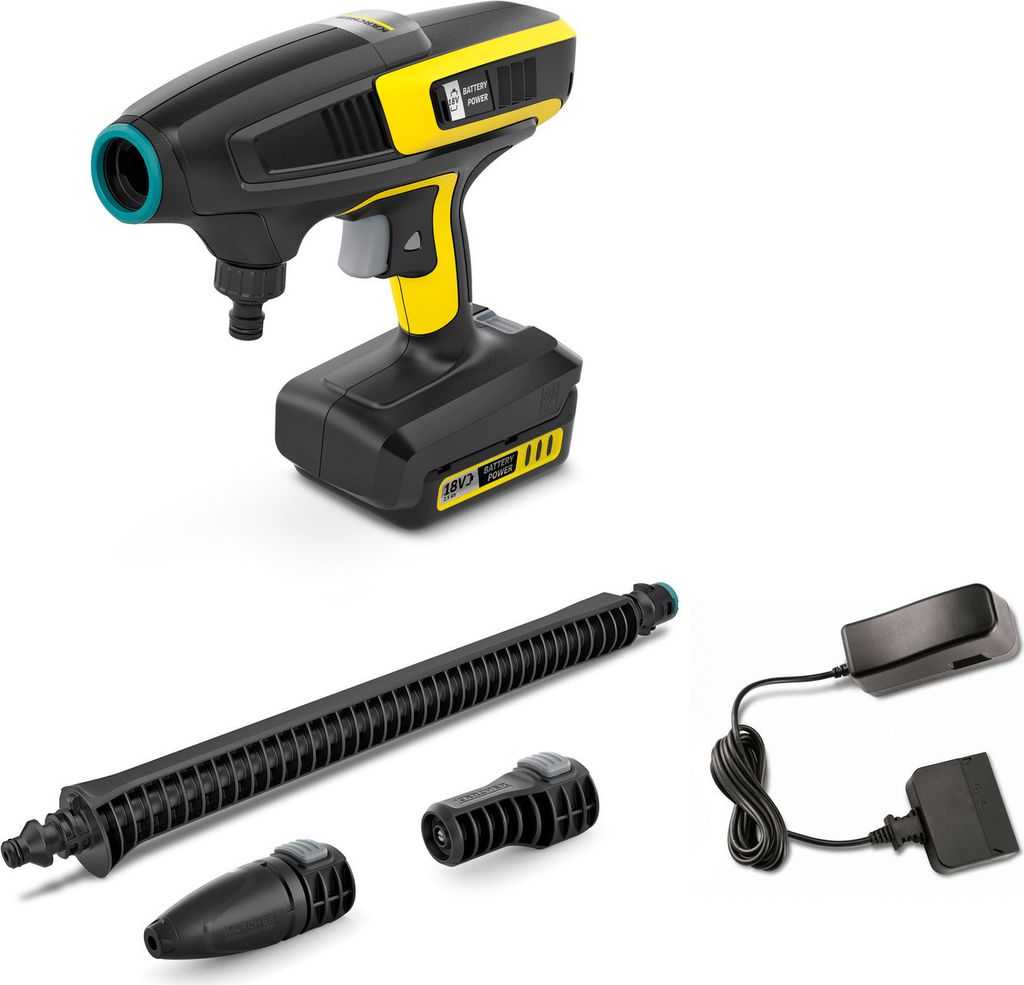 A handheld cleaner, battery, charger, and accessories are displayed against a white background.