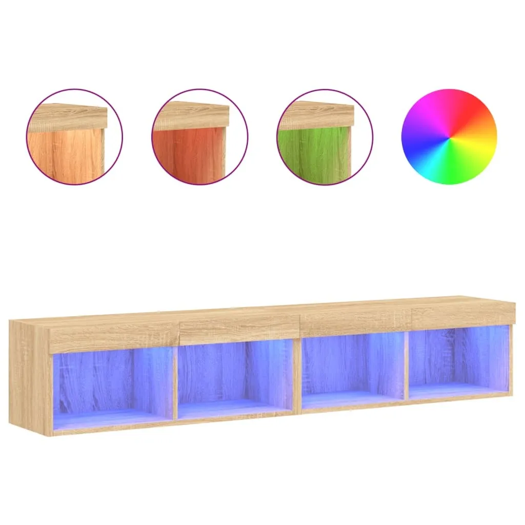 Banc TV LED en chêne Sonoma avec compartiments de rangement pour décodeur