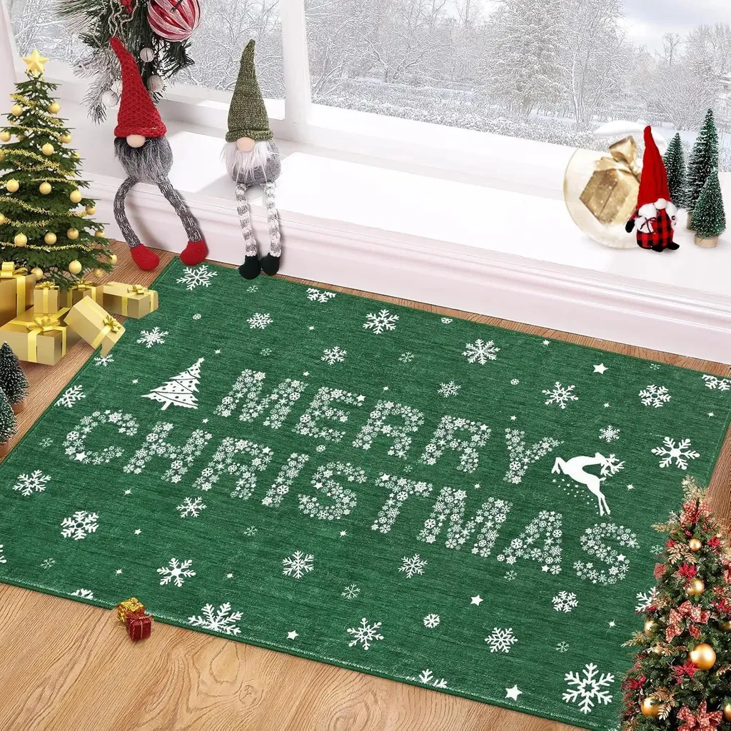 Tapis Vert Doux Antidérapant Flocon de Noël 120cm en Polyester Lavable