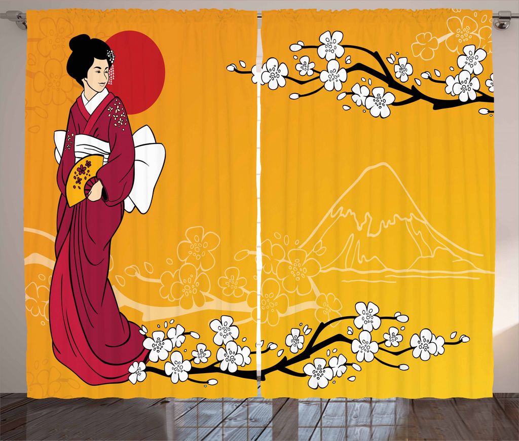 ABAKUHAUS Kirschblüte Rustikaler Gardine, Geisha Lady, Schlafzimmer Kräuselband Vorhang mit Schlaufen und Haken, 280 x 245 cm, Erde Gelb Maroon