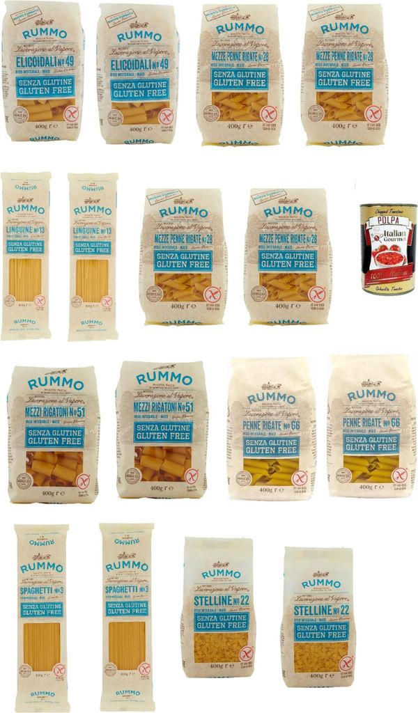 Rummo Pasta Testpaket senza Glutine, gluten free, 100% italienische Pasta nudeln glutenfrei 16x 400g + Italian Gourmet polpa 400g