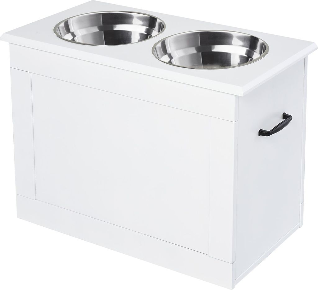 Erhöhter Hundenapf Futternapf mit Staumraum Wassernapf 2 x 2000ml Edelstahlnäpfen Hundenäpfe Fressnapf Futterstation für Hunde Katzen Weiß