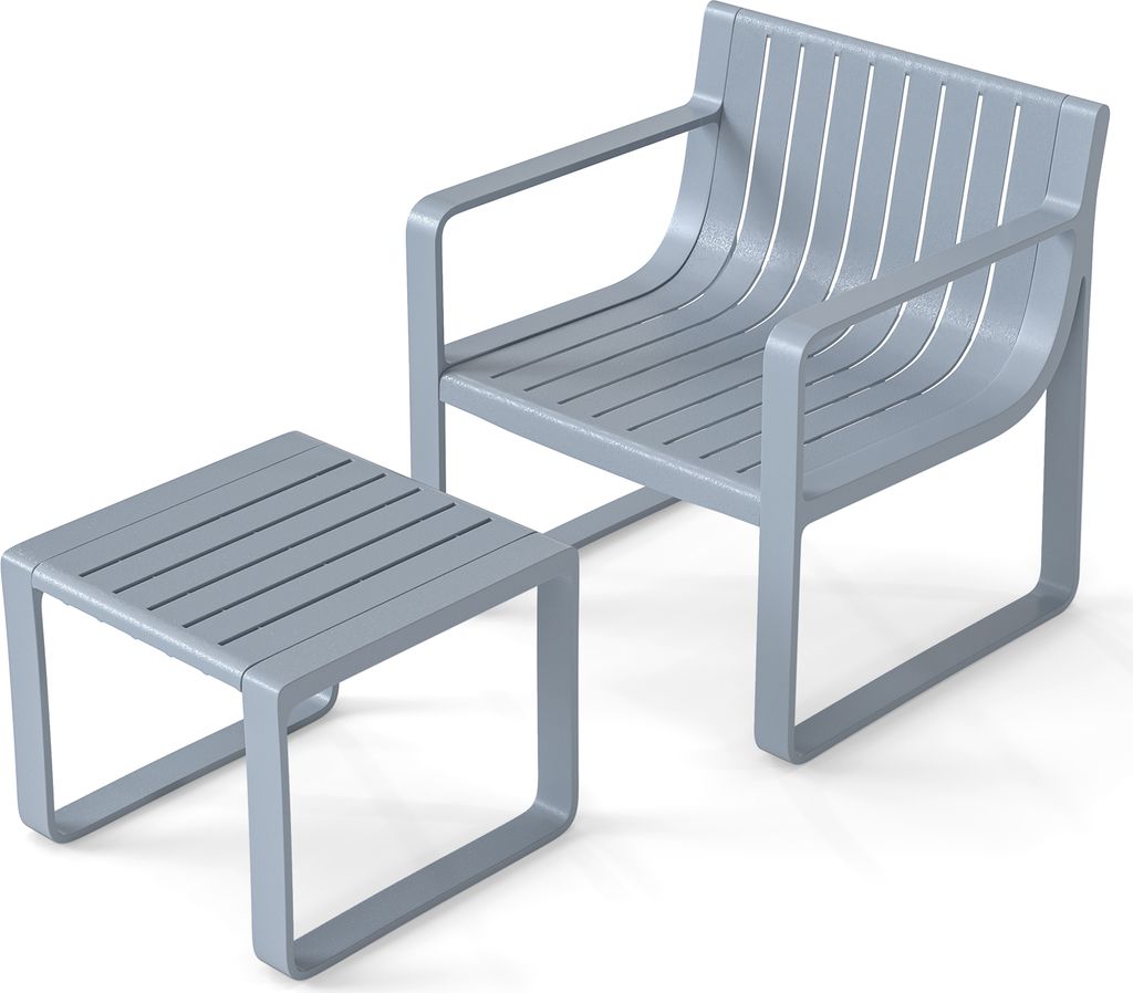 A gray outdoor chair and matching ottoman are shown against a white background.