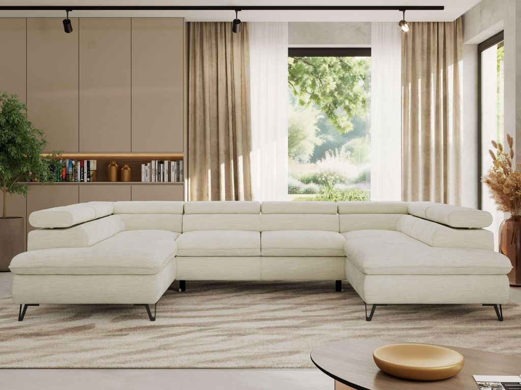 Ecksofa mit Schlaffunktion, Bettkasten, U-form, einstellbare Kopfstützen, Wohnzimmersofa mit Topper Visco - PABLO U - Schenille glatt - Creme