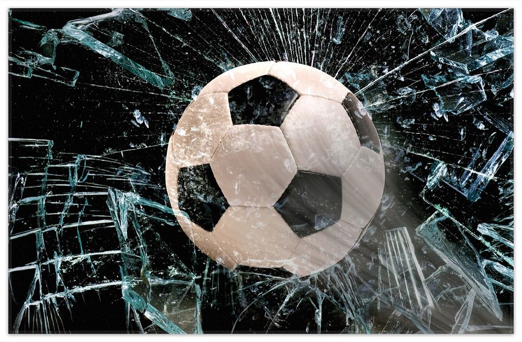 Wallario Premium Teppich, Größe 90 x 140 cm, Fußball - im Fenster, Splitter und Glas