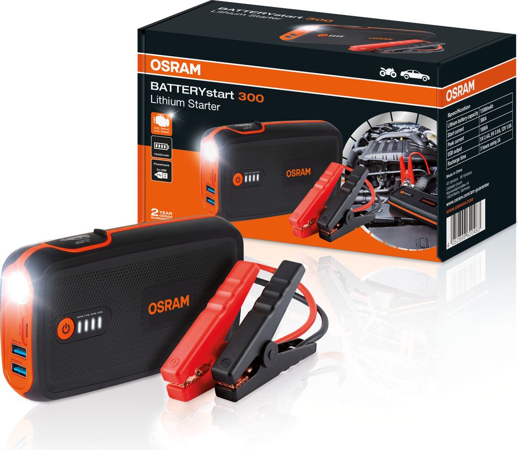 A product shot of a car battery jump starter and its packaging.